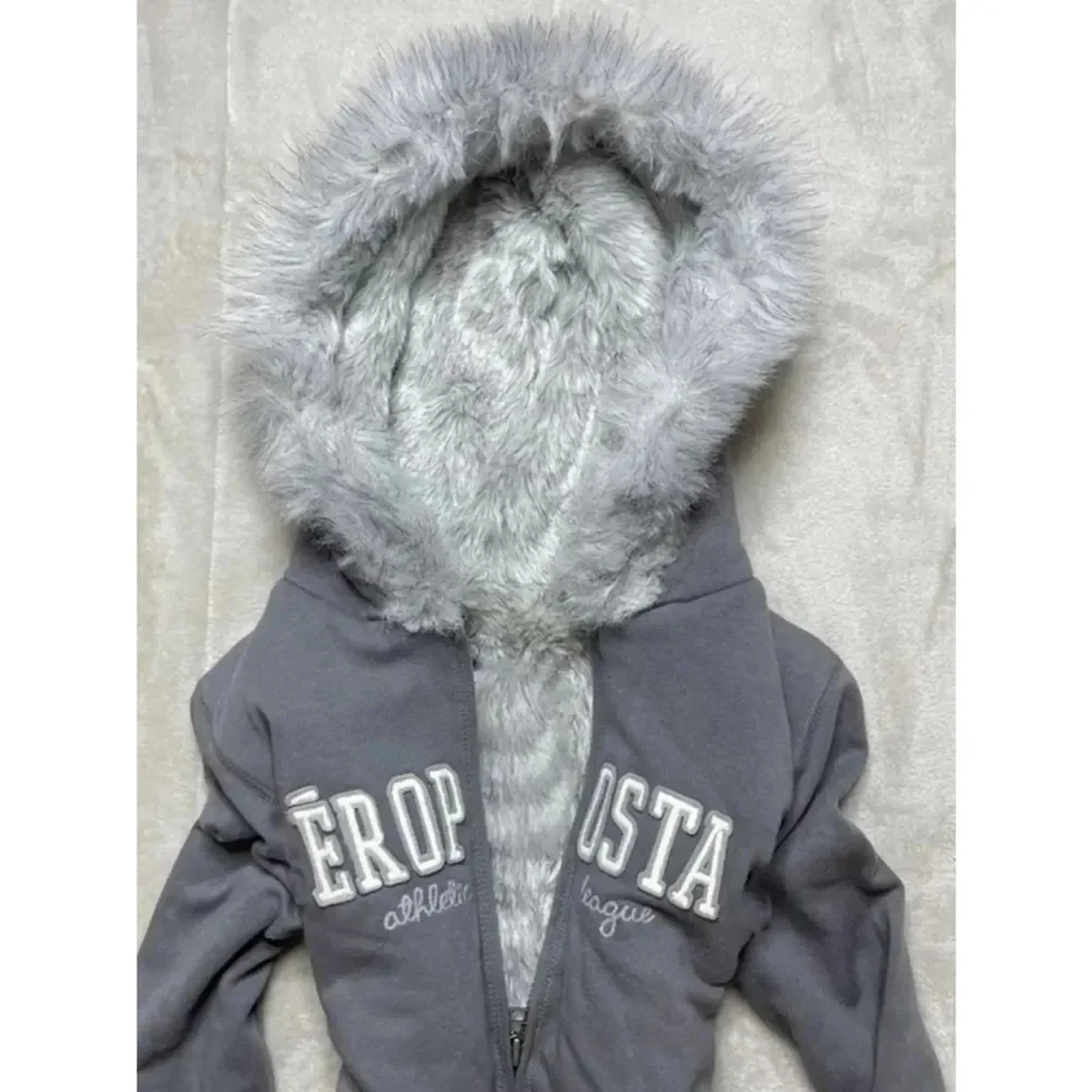 Subculture Faux Coats Women Graphic Jacket with Hooded Fleece Fur Hoodie Edgy American Retro Street Style and Y2K Fashion Top