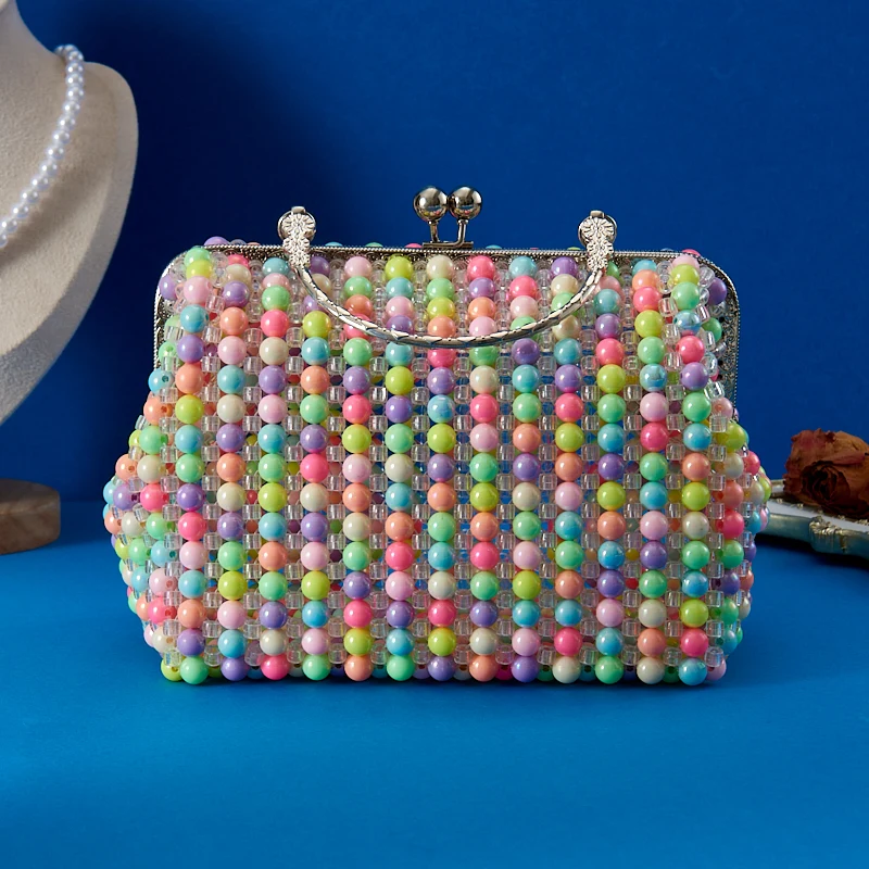 

New handwoven colorful beaded bag Metal handle handbag beaded shoulder strap bag Fashion large capacity party storage bag