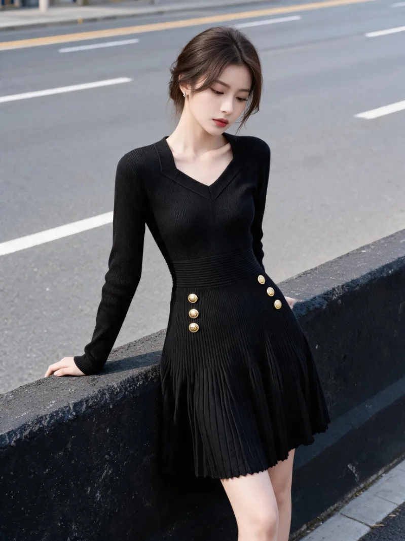 Black V-neck Knitted Dress Women's Autumn Winter Small Waist Cinched Pleated Floor-length Skirt Korean Style Commute Fashion