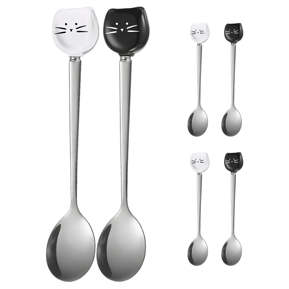

6 Pcs Cat Dessert Spoon Stainless Steel Long Handle Kitchen Gadgets Ice Cream Spoons For Coffee Ice Cream Easy Clean