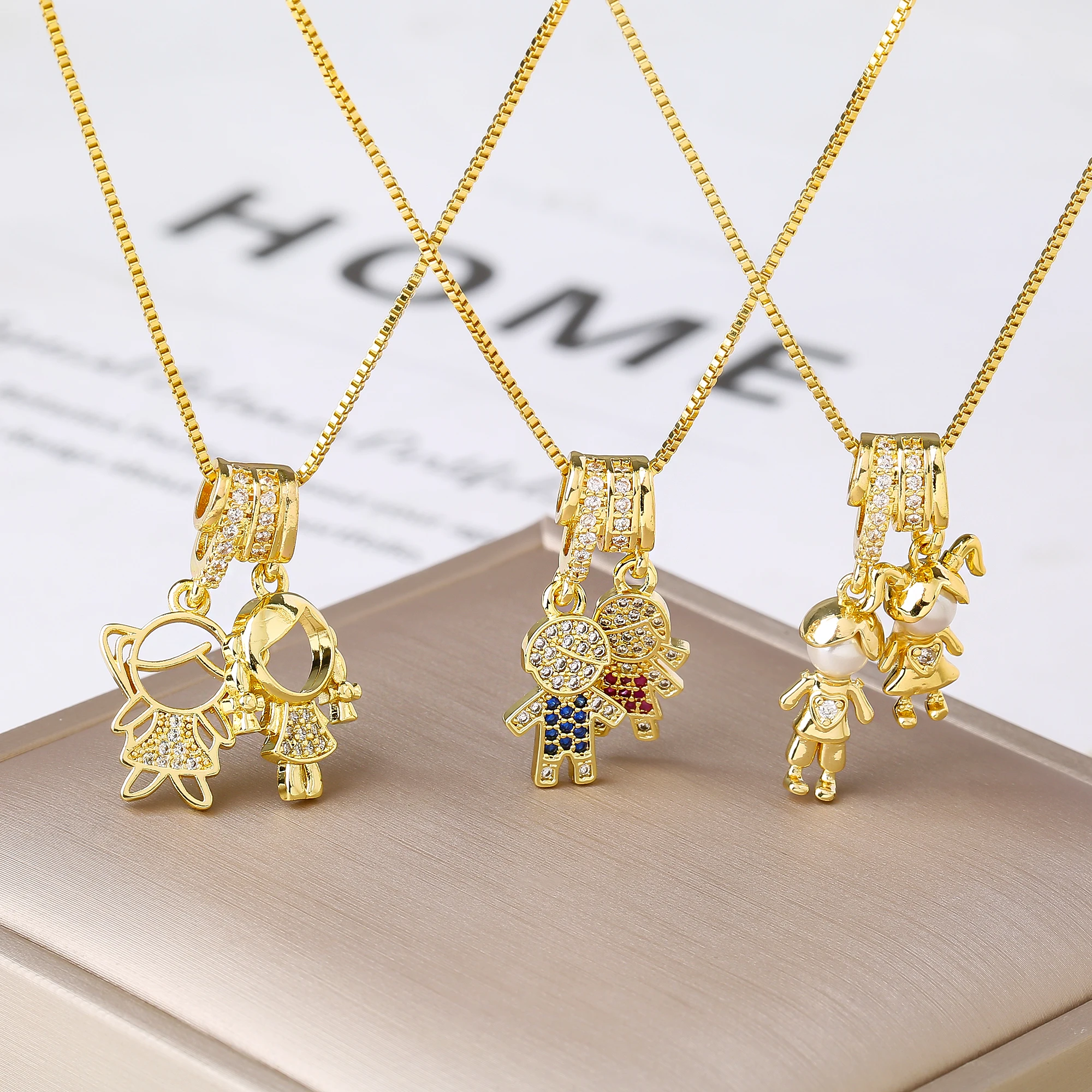 High Quality Multi‑Style Boy Girl Kids Pendant Necklace Family Figure Dangle Neck Jewelry For Women Family Memory Gift Zirconia