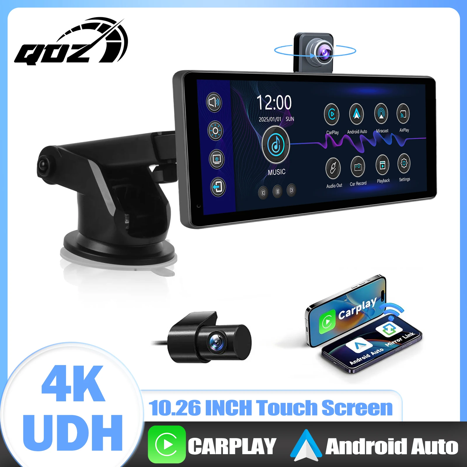 QOZ 10.26'' Wireless CarPlay Screen 4K Dash Cam with Android Auto Portable Car Stereo with GPS AirPlay MirrorLink AUX FM