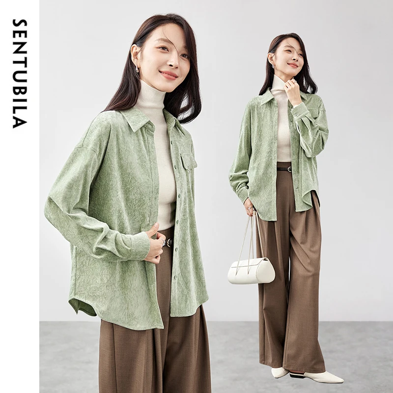 SENTUBILA Corduroy Embroidery Shirt Women 2024 Winter Folds Turn Down Collar Button Down Solid Casual Female Blouse 144C57426