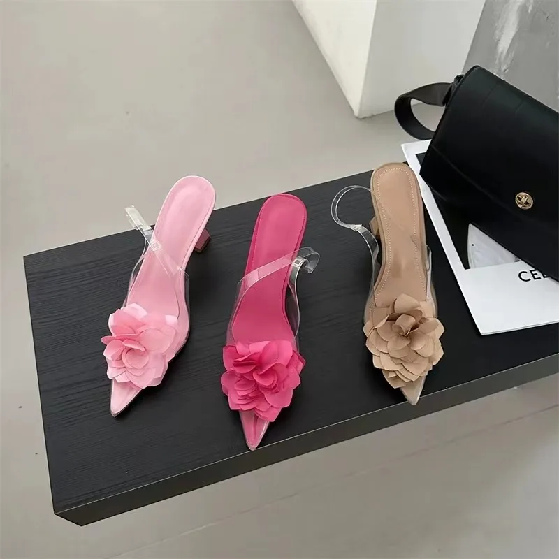 

Women's Pink Silk Flower Decorative Single Shoes 2024 Sexy Transparent PVC Pointed Slingbacks High Heels Party Dress Zapatos