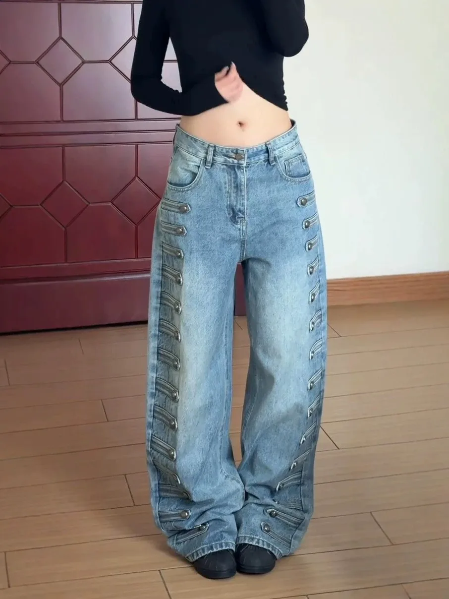 plus Size American Court Style Button Design Denim Pants Women Loose Versatile Wide Leg Slim Straight Casual Long Trousers