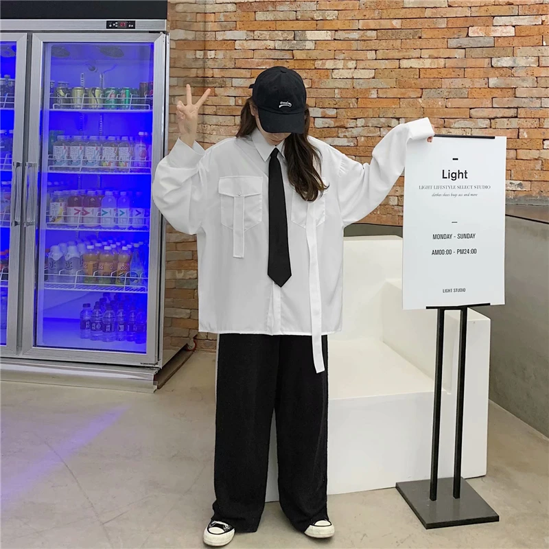 Harajuku Loose JK Shirts with Tie Women Men Spring Autumn Fashion New Black White Long Sleeve Blouses Tops Streetwear Couples