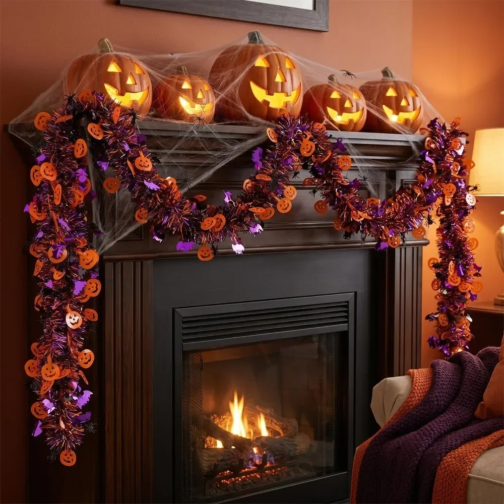 2/4M Schwarz-Orange Halloween-Girlande mit Kürbis-Ausschnitt, Gruselige Hängedekoration für Haustür, Outdoor-Halloween-Party-Zubehör – Detail 8