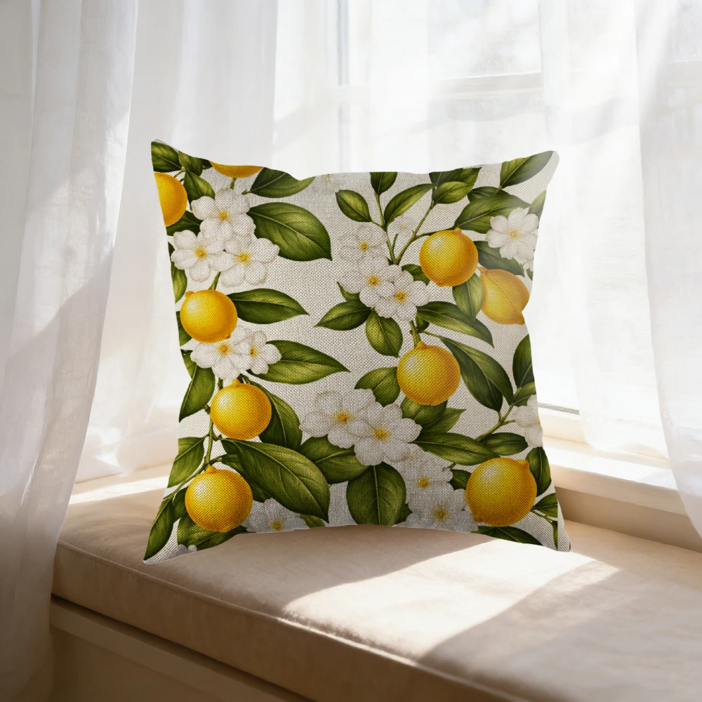 Square Decorative Pillow Case Lemon And White Flower Print For Living Room Bedroom Window Seat