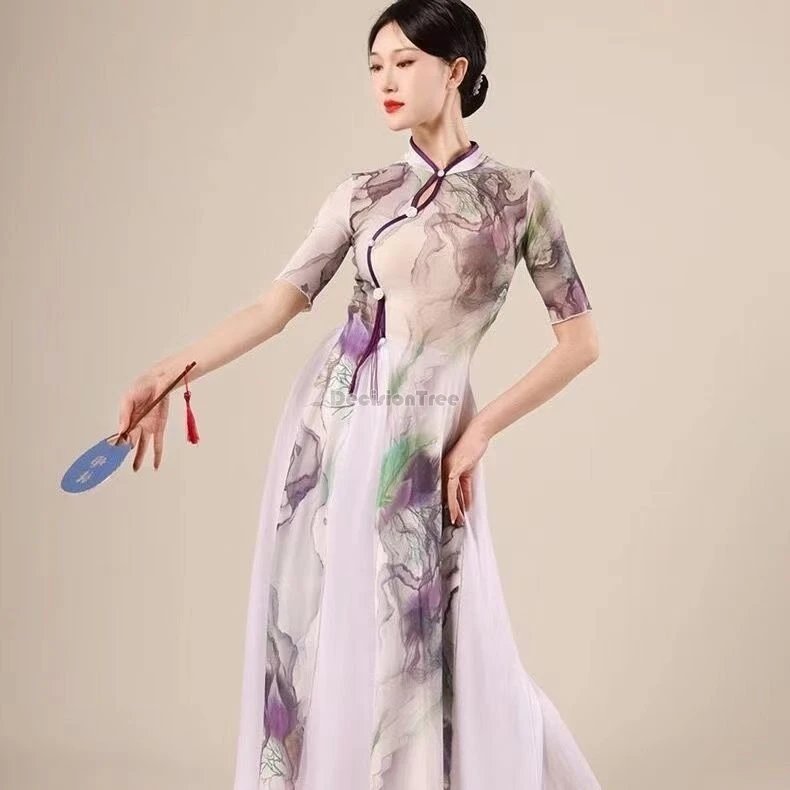 2024 new adult classical dance practice dress chinese cheongsam female dance dress elegant flowing gauze performance dress w774