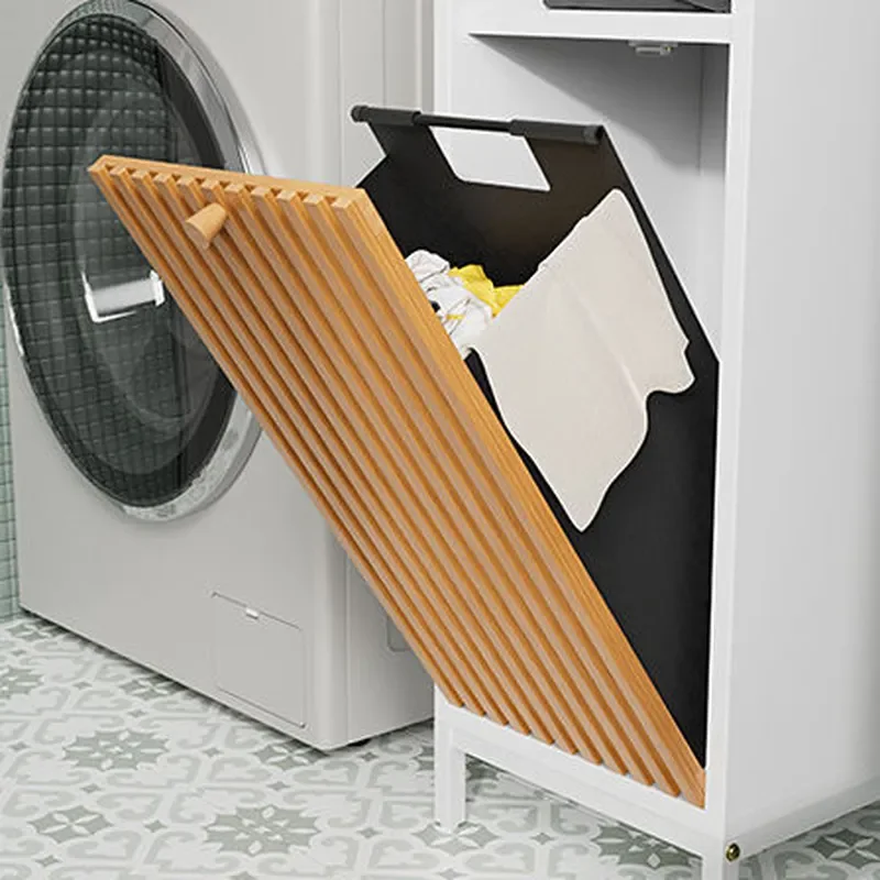 Narrow MDF Bathroom Storage Cabinet with Laundry Basket Modern Floor Standing Locker for Small Apartment Space Saving