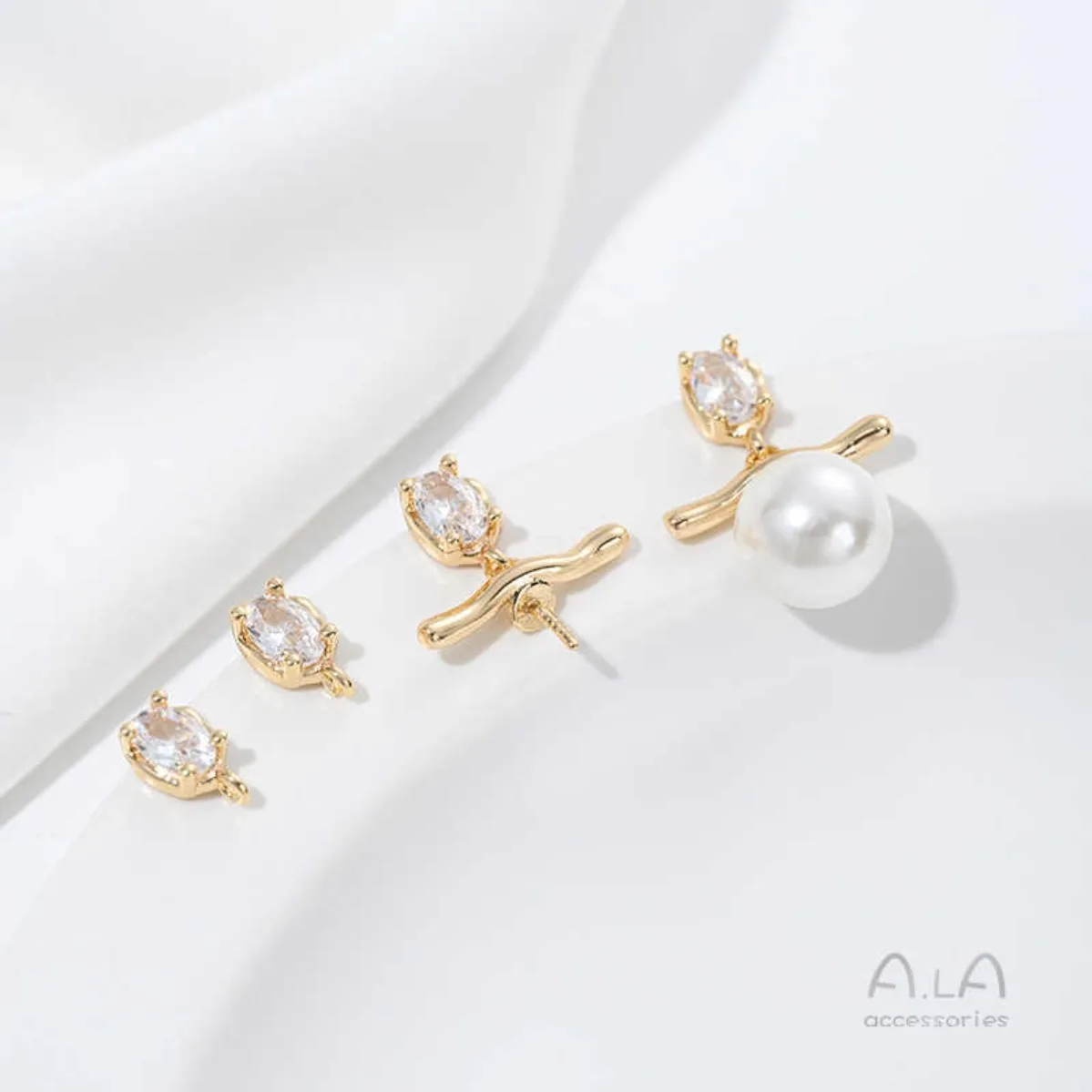 Brass Gold Plated Oval Zircon Branch Pearl Bezel Stud Blank DIY Handmade Pearl Earring Jewelry Findings