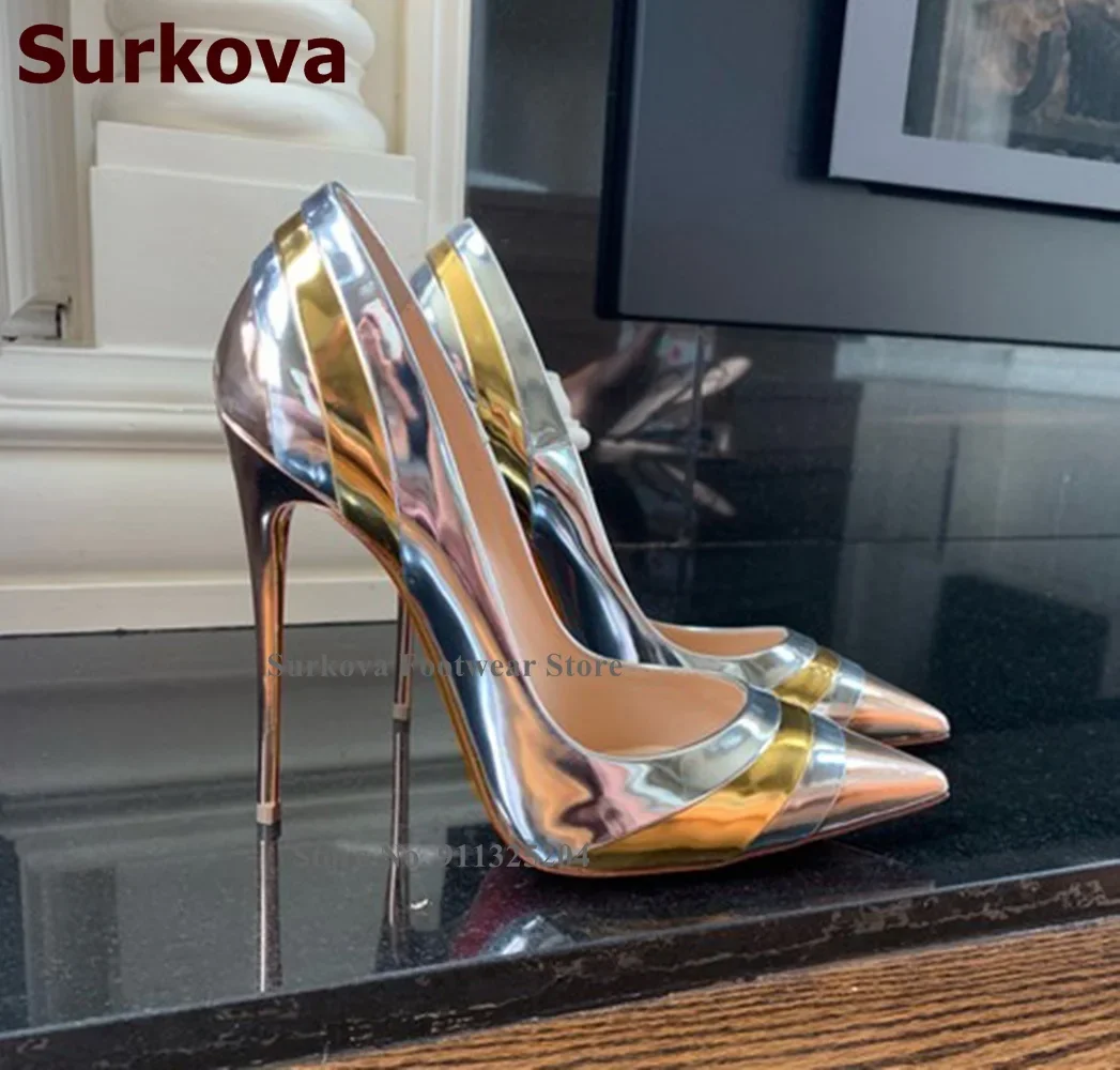 Surkova Zilver Brons Goud Patchwork Hoge Hak Schoenen Lakleer Ingekleurde Gestreepte Jurk Pumps Ondiep Uitgesneden Puntschoen Hakken