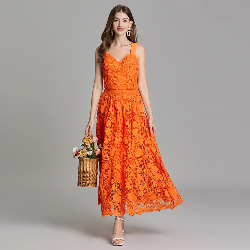 

Summer Runway Lace Spaghetti Strap Long Dress Women 2024 Summer Sleeveless Midi Party Dress Elegant Holiday Clothes G528