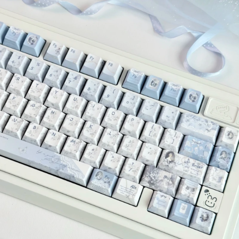 Misty Blue Flower Paper Keycaps Set Custom PBT Sublimation New Cherry Profile Keyboard Caps for Mechanical Keyboard Accessories