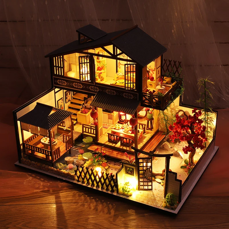 DIY Wooden Miniature Model Kit Japanese Casa Doll Houses Assembled Dollhouses With Furniture Home Decor Friends Birthday Gifts