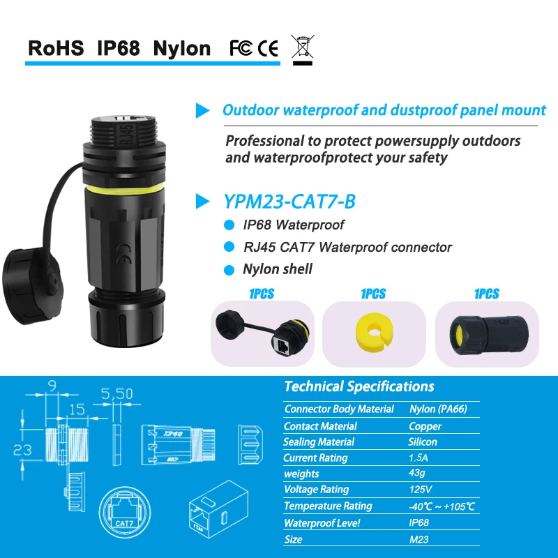 IP68 Nylon CAT7 Straight Ethernet Connector, Max 10Gb/s, Fits 4.5-7.5mm Cable Diameter