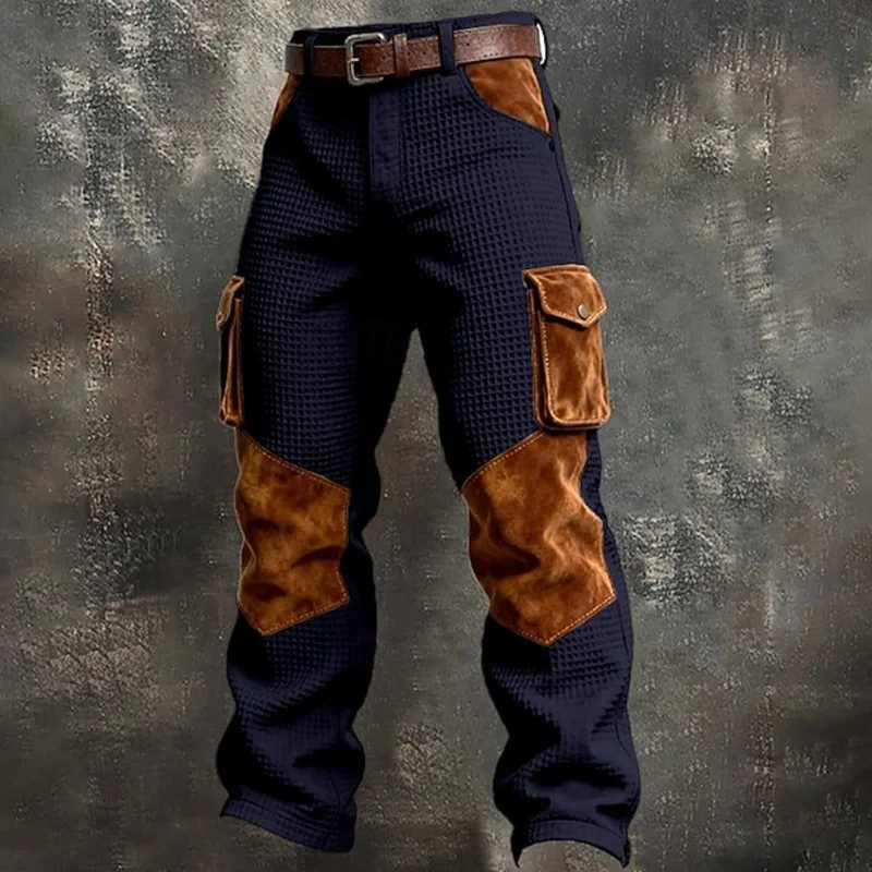 Jeans casuales nuevos de otoño rectos holgados para hombre vintage color contraste textura waffle moda patchwork 5