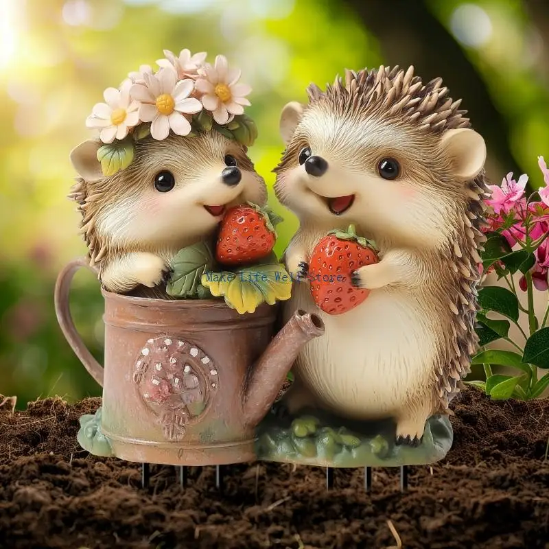 Lovely Hedgehogs Lawn Decoration Stake Weatherproofed Suitable For Gardens Patios And Landscape Markers