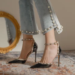 Women's Sandals Genuine Leather Black Riveted High Heels 2025 New Thin Heel Pointed Shallow Mouth Pumps Summer Ladies Shoes
