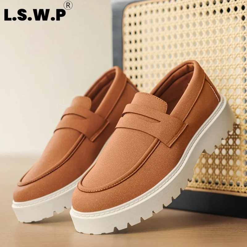 Men's Loafers: Casual Height-Increasing Slip-On Loafers for Men, with a Soft, Non-Stuffy Suede-Like Upper, Solid Workmanship, White Serrated Thick Sole for Non-Slip and Shock Absorption, Easy to Pair with Jeans and Casual Pants, the Top Choice for Daily Commuting and Outings.