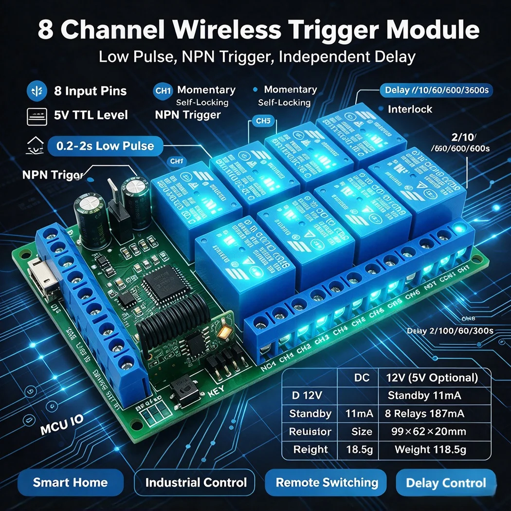 8CH 433M Wireless Relay Controller EV1527 RF Receiver DC12V(5V Optional) 4 Modes Momentary Self-locking Interlock Delay