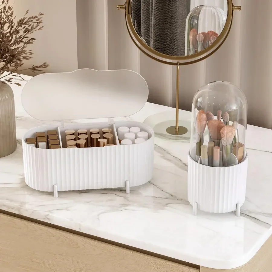 2-delige make-up organizer en borstelhouderset met deksel, opbergruimte met 3 compartimenten en afgedekte borstelhouder voor compacte ijdelheid