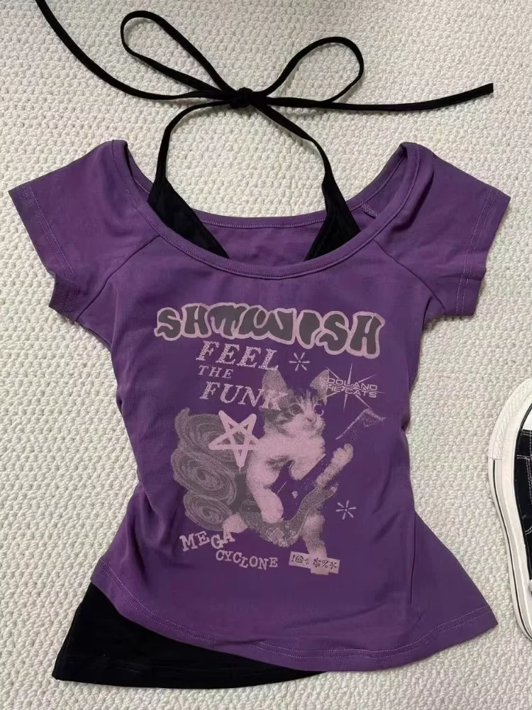 2025 Summer Y2k Vintage Graphic T Shirts Women Grunge Streetwear Hot Girl Slim Fit Tee Harajuku Fashion Casual Sweet Tops Chic