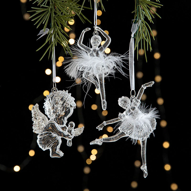 Christmas Ice Crystal Pendant Navidad Ballet Dancer Snowflake Xmas Tree Bow Acrylic Hanging Ornament Glittery Party Home Decor