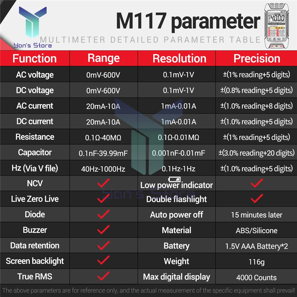 ANENG M117 Multimeter Digital Multimeter AC/DC Voltage Current Meter with NCV Data Hold 4000 Counts Professional Multitester