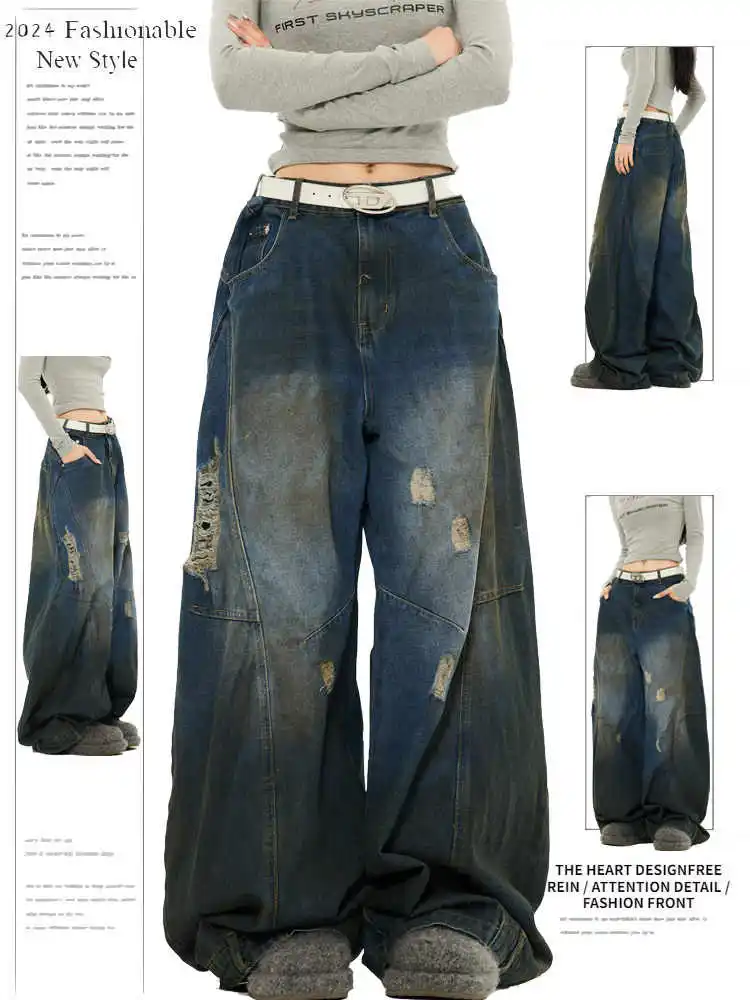 

Women's Blue Baggy Y2k Jeans Ripped Harajuku Denim Trousers 90s Vintage Streetwear 2000s Style Jean Pants Trashy Clothes 2025