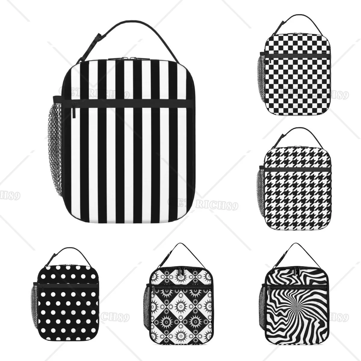 Black & White Stripe Printed Insulated Lunch Bag for Women Men Portable and Reusable Lunch Tote Large Capacity, Multi-Scene Use