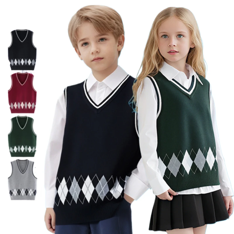 

Teen Kids Knit Vest Boys & Girls School Uniform Sweater Vest 100% Cotton V-neck Pullover Preppy Style Children Tops Waistcoats