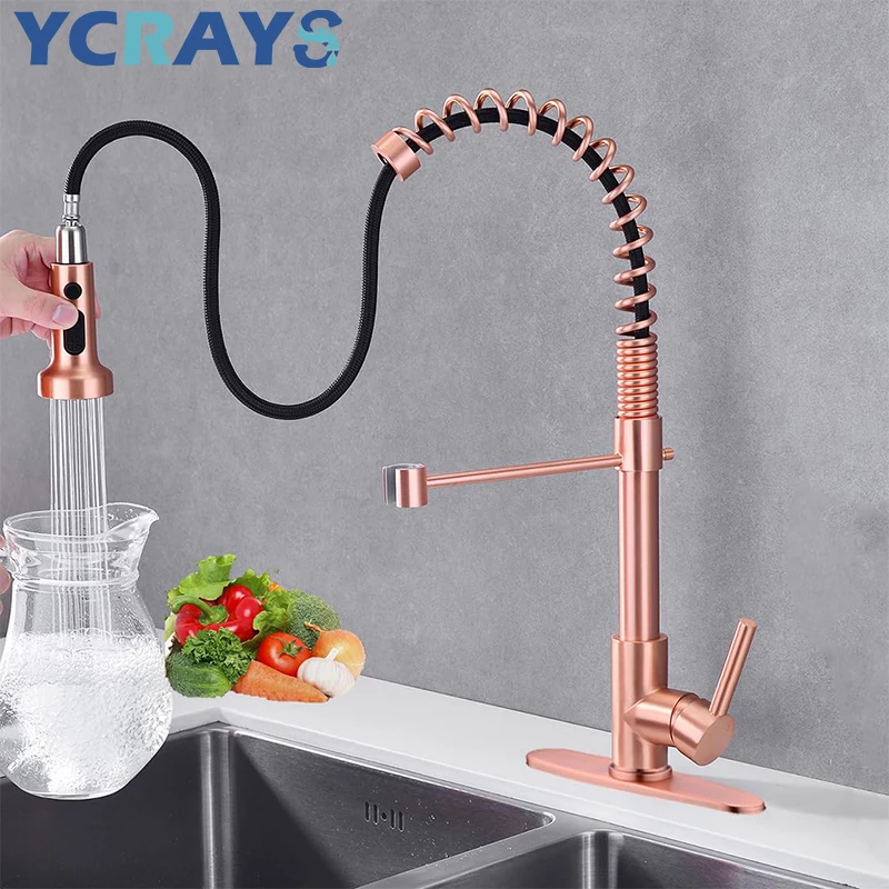 YCRAYS 로즈 골드 레드 구리 용수철 주방 수도꼭지, 풀 다운 60cm 듀얼 모드 분무기 데크 장착 온수 냉수 믹서 수도꼭지