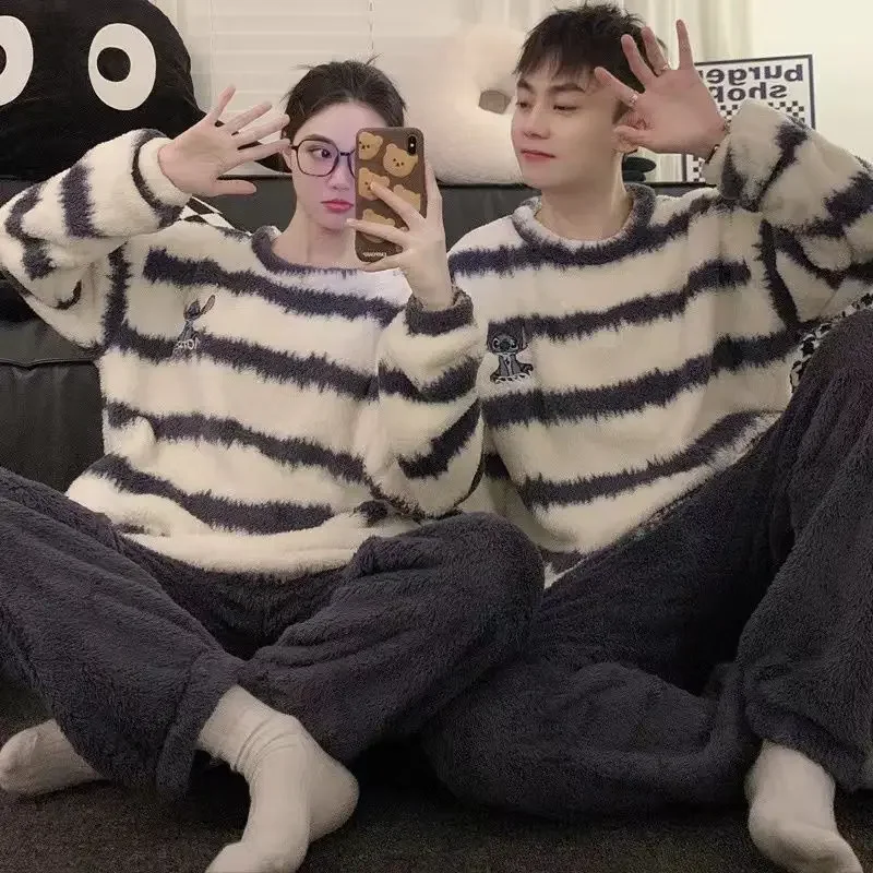 Stitch Cartoon Couple Pajamas for Men and Women Autumn and Winter with Velvet and Thick Striped Plush Home Wear Two-piece Set