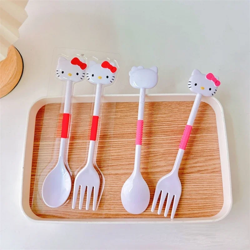 Sanrio Hello Kitty Stoviglie per bambini Forchetta Cucchiaio Studente Scatola da tavola portatile PP Kuromi Anime Posate da cucina Cucchiaio da