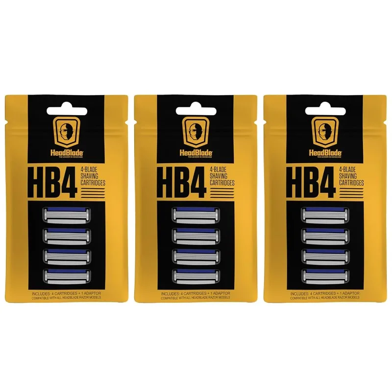 HeadBlade Men's HB4 Refill Shaving Razor Blades - 4 Stainless Steel Blades for No Tugging or Pulling, Shave Less