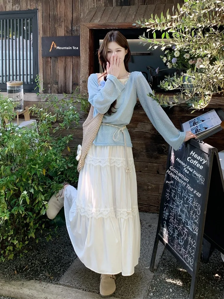 

Sweet Knitted Long Sve Top And High Waist Lace Panel Skirt Set Women's Faion Spring 2026 New Sle Casual Outfit