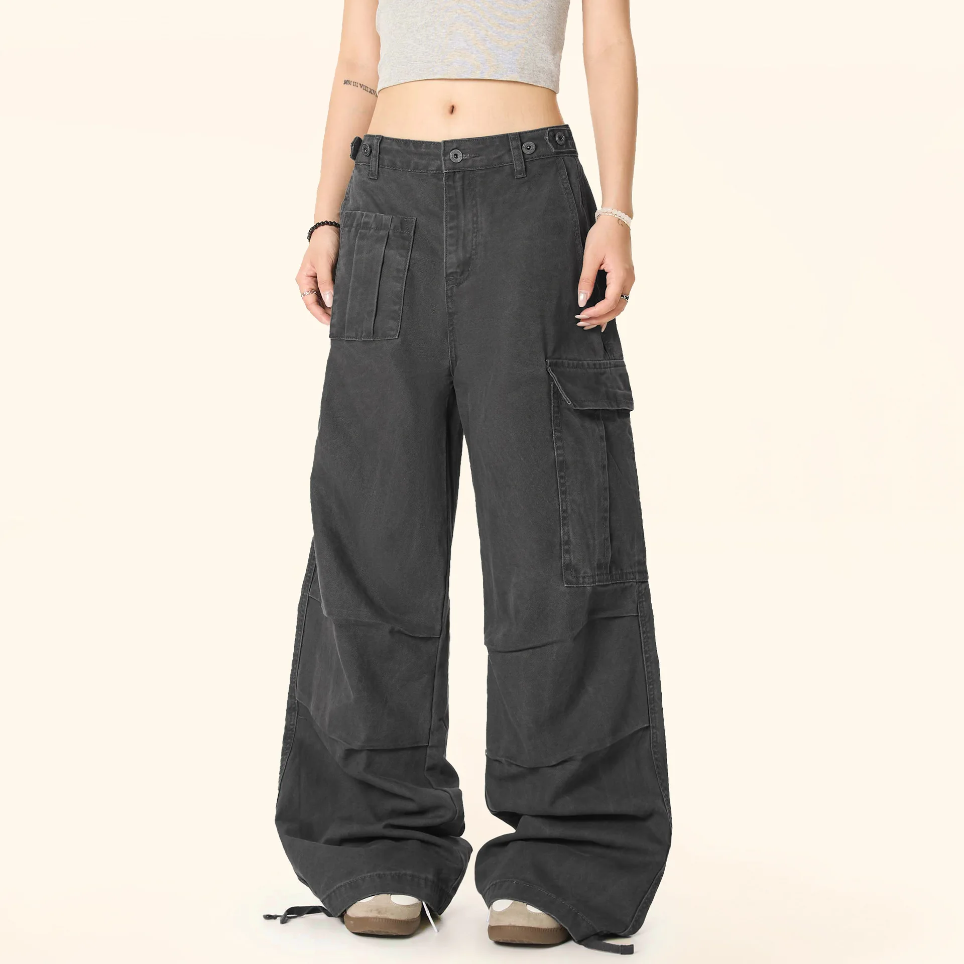 OR FL Women's Retro Aging Paratrooper Cotton Cargo Trousers High Street Trendy Brand Cleanfit Baggy Wide Leg Slacks Pants Y2k