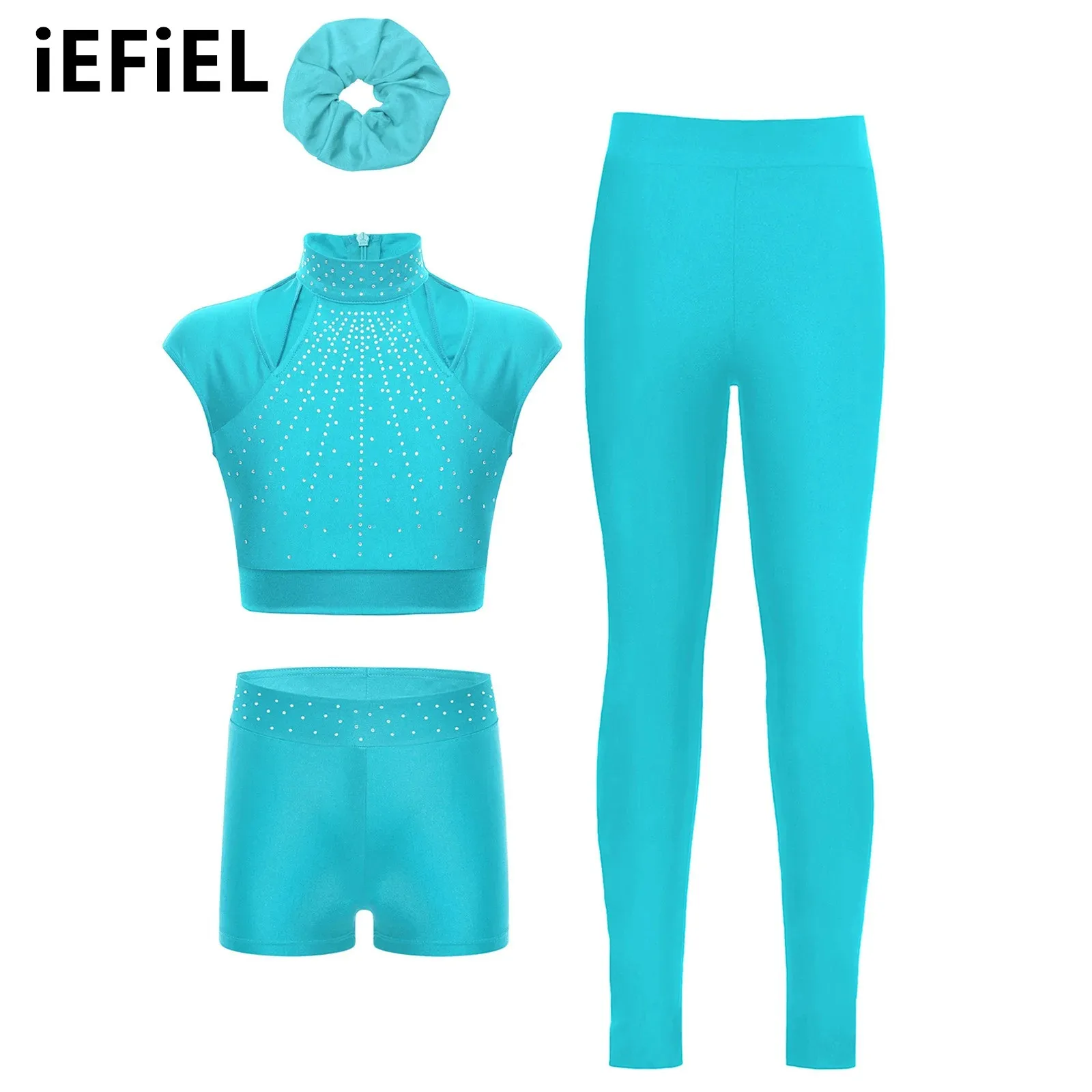 

Kids Girls Gymnastics Dance Sets Cutout Shiny Rhinestones Crop Top with Shorts Leggings Hairband for Figure Skating