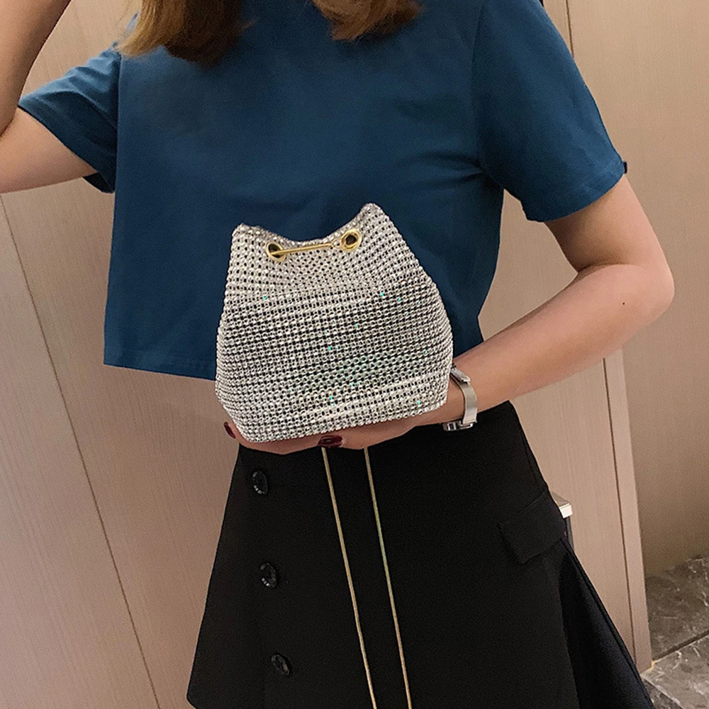 Rhinestone Bucket Bag Women\'S Underarm Bag Evening Party Clutches Storage Totes Shining Crossbody Bags Chain Handbag Fashion