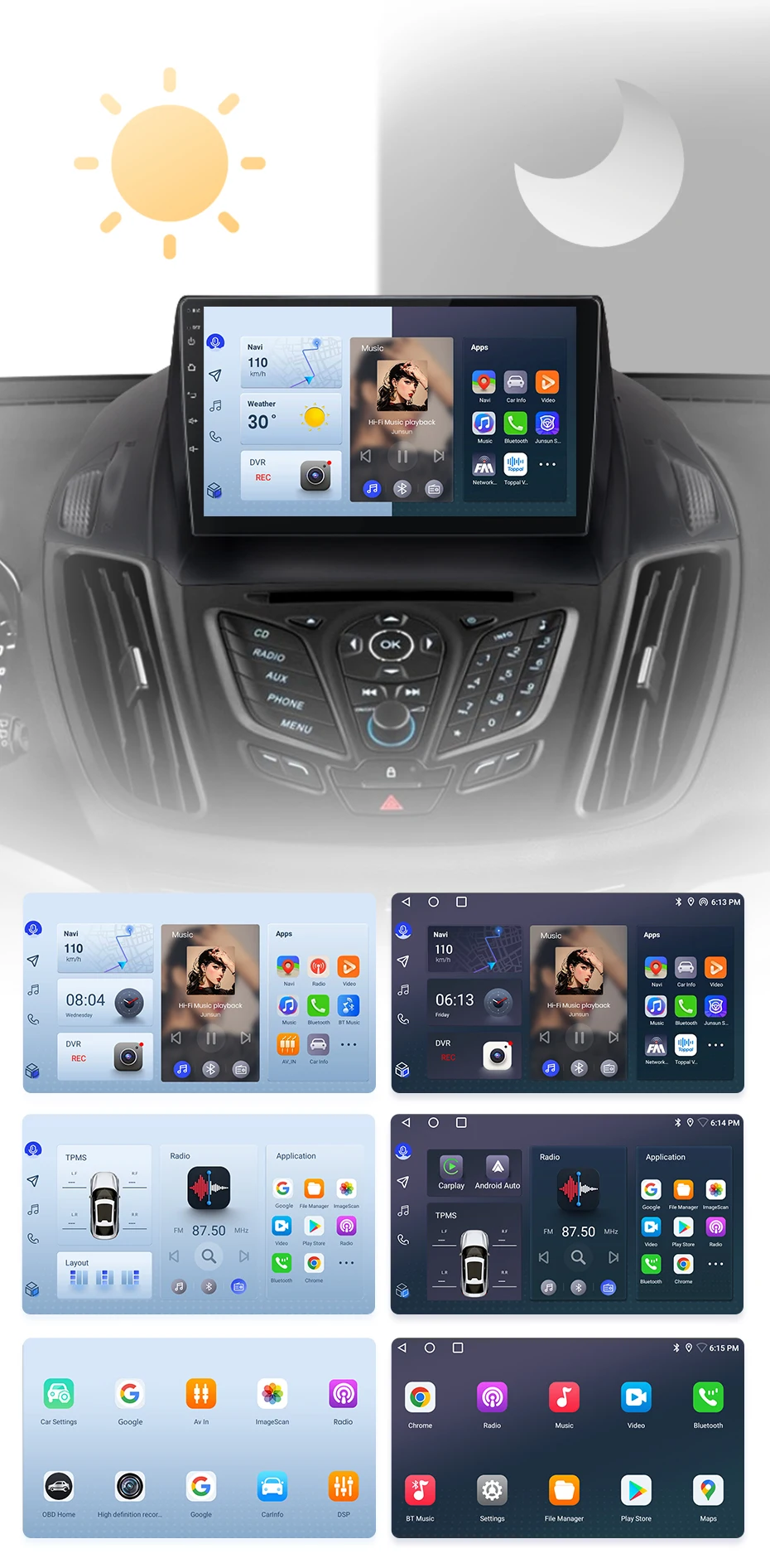 Junsun Drahtlose CarPlay Android Auto Auto Radio Für Ford Escape Kuga 2 C-MAX 2013-2016 GPS Multimedia 2din System – Detail 9