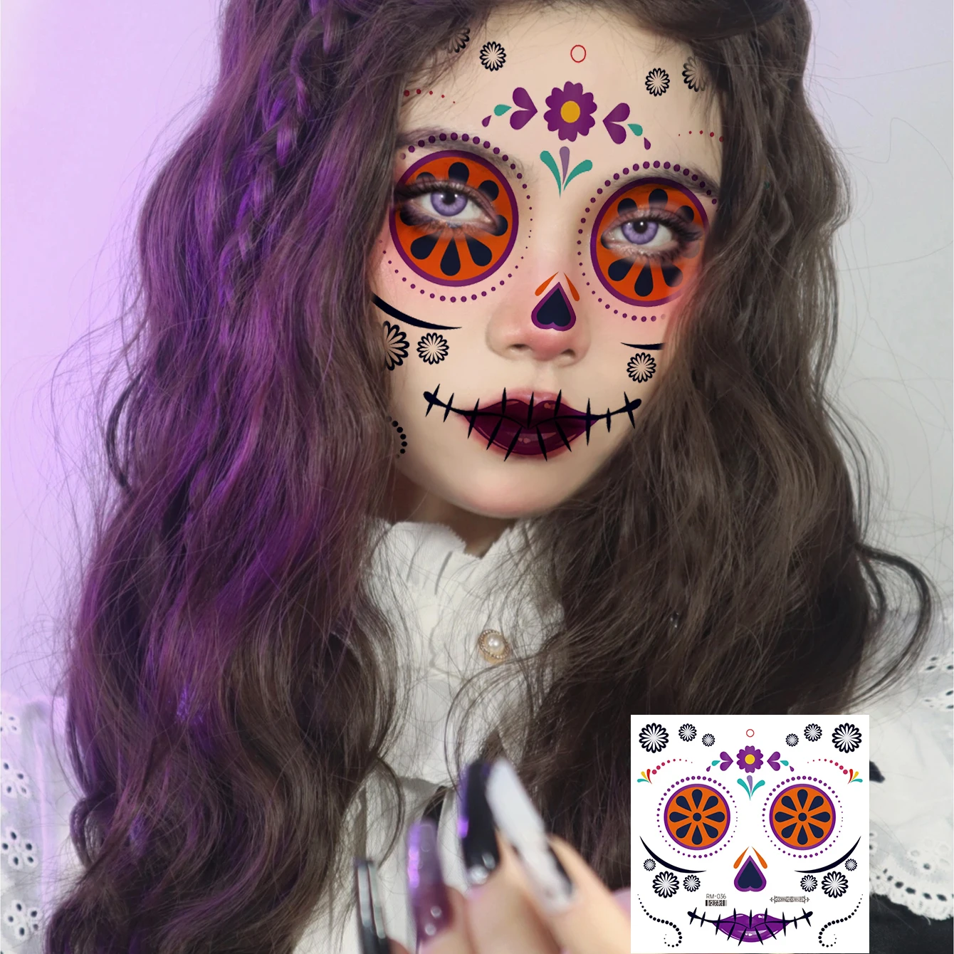 6pcs Halloween Facial Makeup Sticker Special Face Tattoo Day Of The Dead Skull Face Dress Up Halloween Temporary Tattoo Stickers