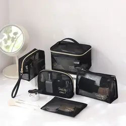 1/5Pcs Black Women Mesh Cosmetic Bag Travel Organizer Large Capacity Portable Toiletry Bags Makeup Pouch