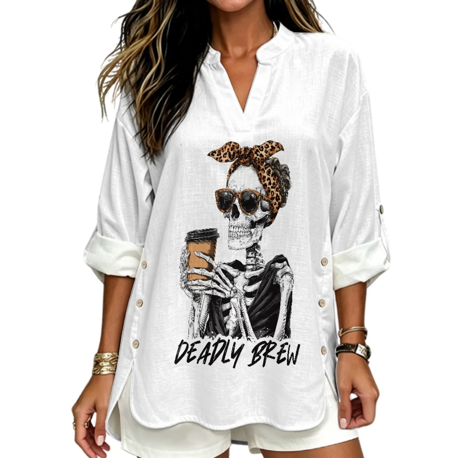 PENSTROLL Breathable Linen Like Notch V Neck Blouses Roll Up Long Sleeve Long Sleeve Tops for Beach Vacation Skeleton Coffee