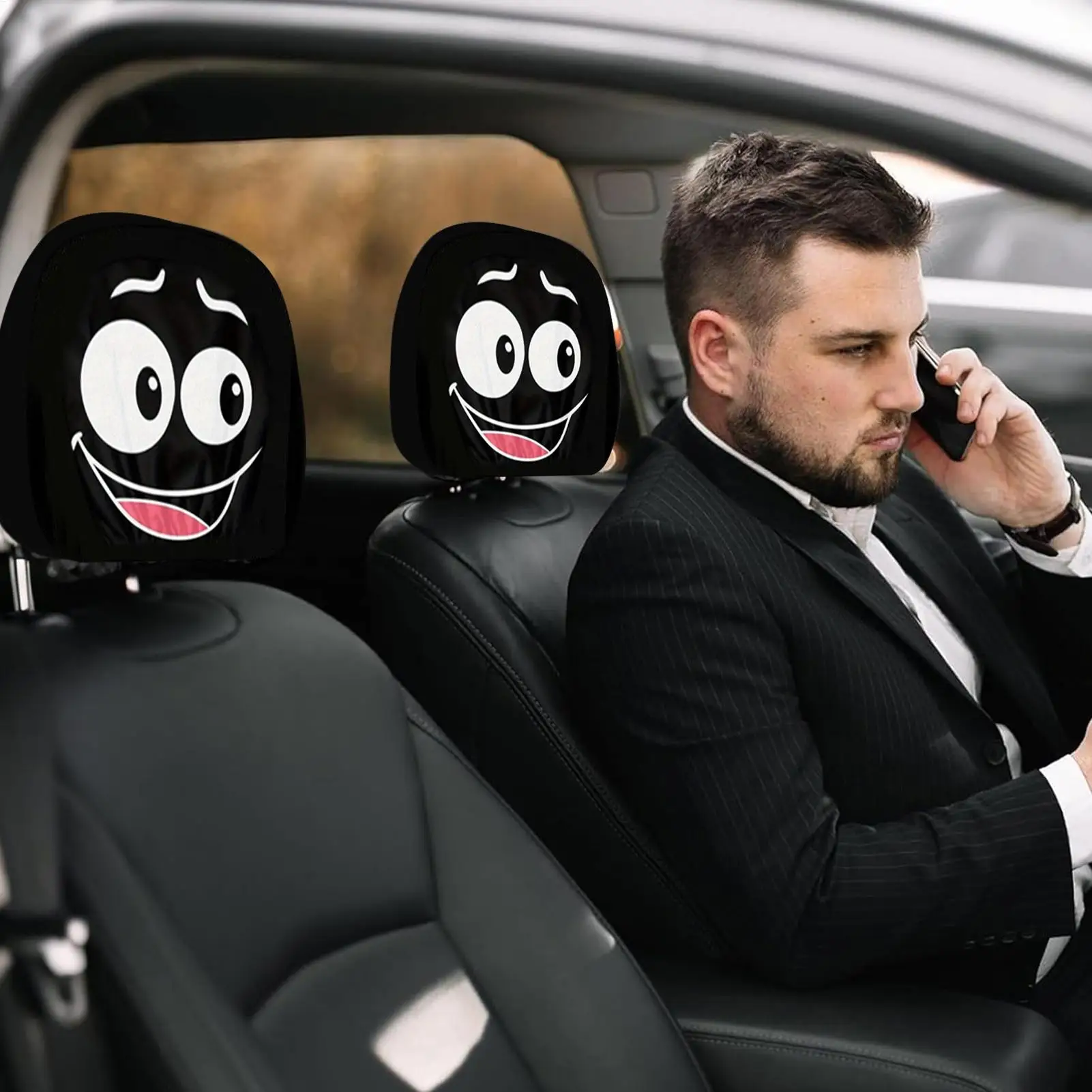 Headrest Covers For Cars 2 Pieces Car Seat Headrest Protector Funny Expression Design Breathable Cartoon Interior SUV Auto For