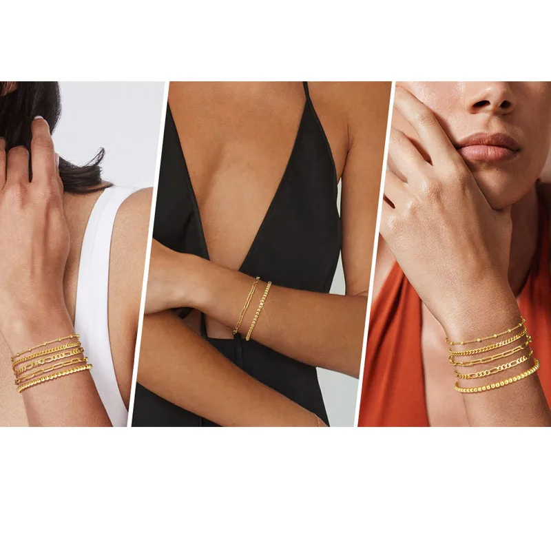 18K Gold Plated Bracelets for Women, Adjustable Layered Paperclip Chain Cuban Link Charm Bracelets,Waterproof Stackable Jewelry