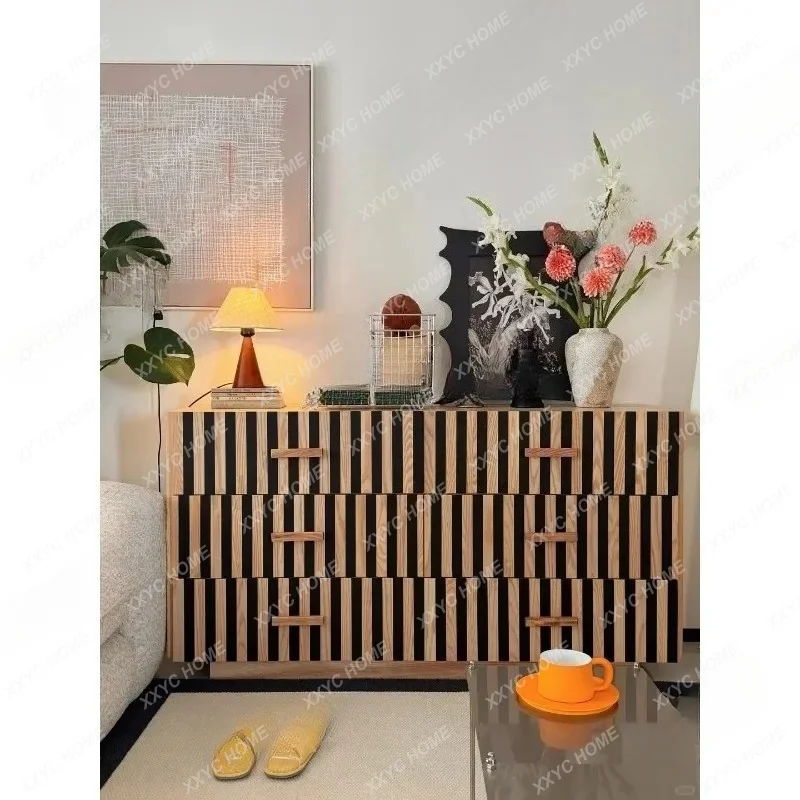 AA natural wood-style six-drawer cabinet, living room wall-side storage cabinet, solid wood side storage cabinet