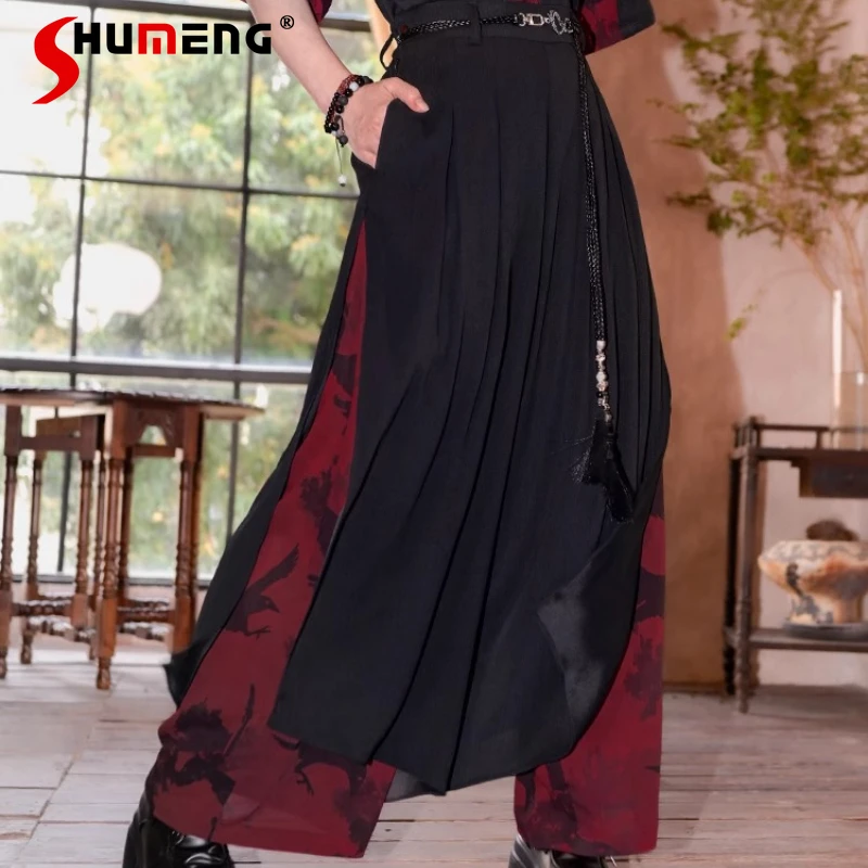 

Double Layer Chinese National Style Printed Chiffon Wide Leg Culottes Trousers Women's Red Black Loose Drape Casual Pants Ladies