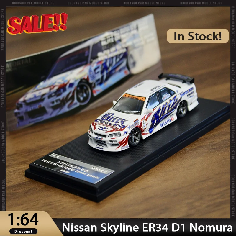 

Новинка в наличии Mortal 1:64 Nissan Skyline Nomura Qian ER34 D1, автомобиль для дрифта, миниатюрный сплав, литой под давлением, украшения Nissan на заказ