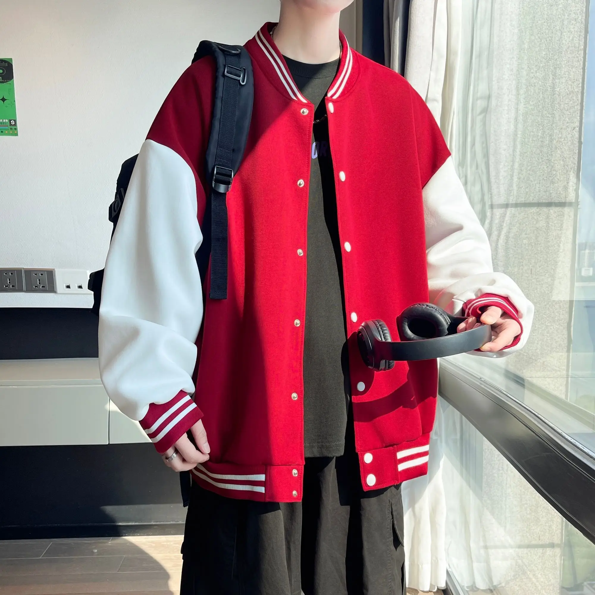 

Baseball Autumn and Winter Jacket with Fleece American-style Cotton Patchwork and Color-blocking, Spring and Autumn Outerwear